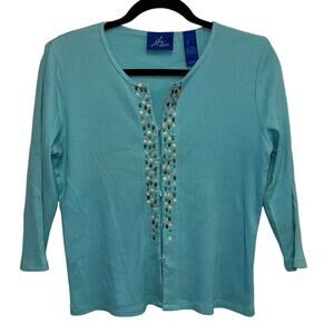 J.H. Collectibles Petite Large Aqua‎ Beaded Rib Knit Cardigan Top